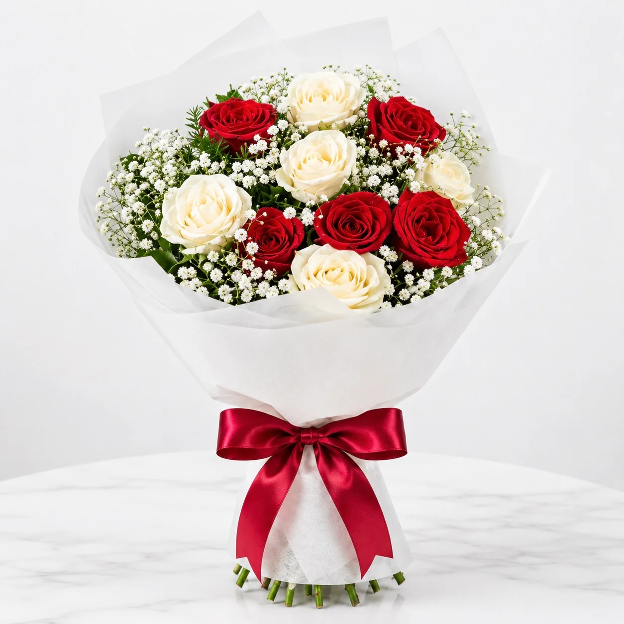 Pure Romance 11 red and white rose bouquet beautifully wrapped for Girlfriend's Day and romantic flower gift delivery